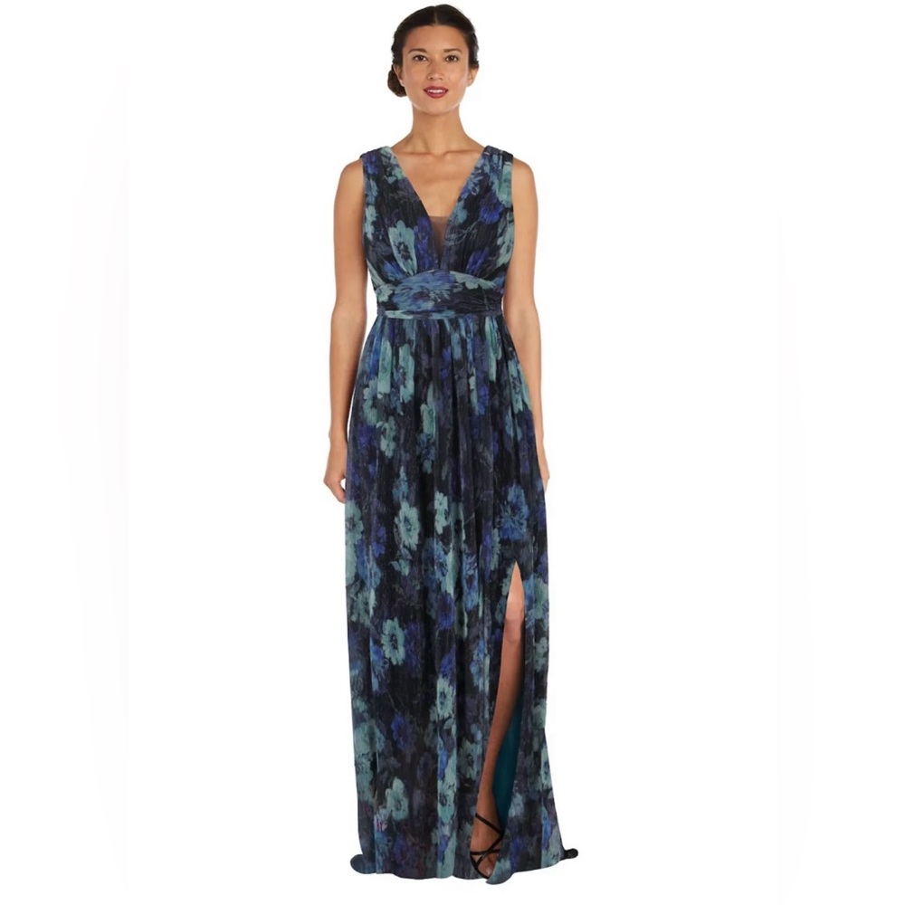 R&M Richards Long Crinkle Pleated Floral Dress W/V Front & Side Slit